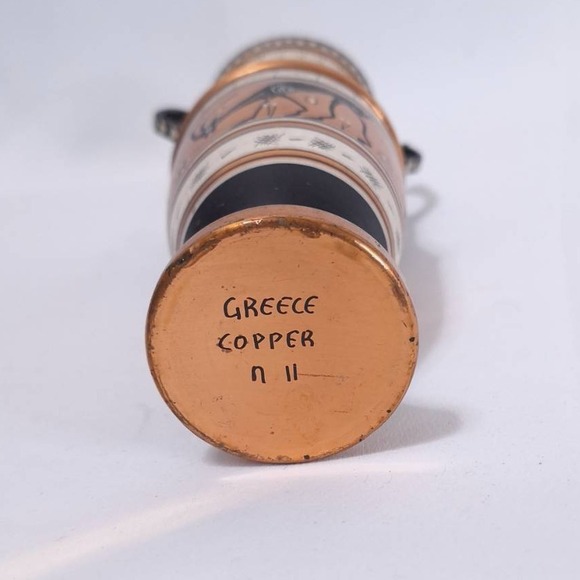 Vintage Greek Copper Vase Urn Amphora‎ Double Handle Hand Painted Deer, 9" Tall - Picture 7 of 10